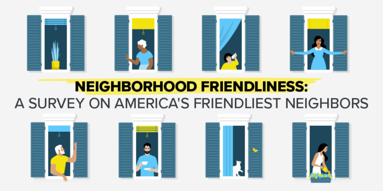 Image showing people looking out windows with text reading “Neighborhood Friendliness: A Survey on America’s Friendliest Neighbors”