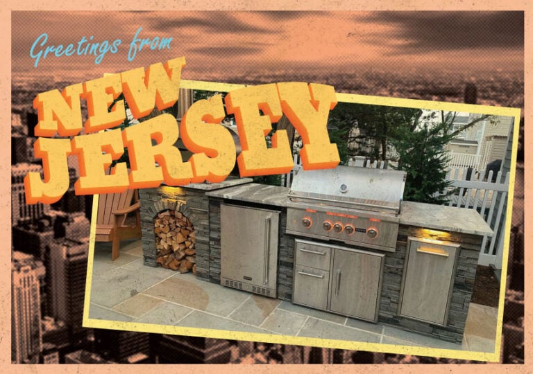 A postcard from new jersey with an rta outdoor kitchen on it