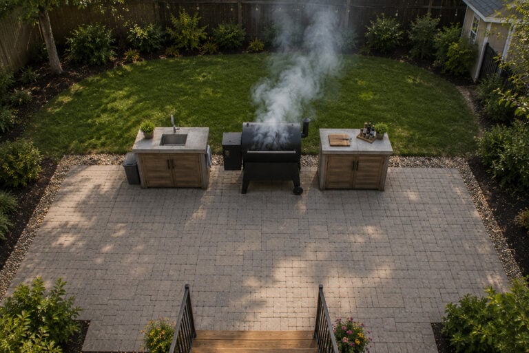 traeger style smoker outdoor kitchen on paver patio