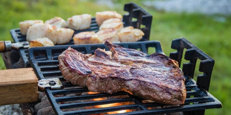 Hibachi Grill for Outdoor Kitchen cooking steak and scallops