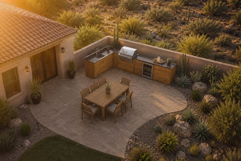 representative weatherstrong cabinets outdoor kitchen on patio in desert climate