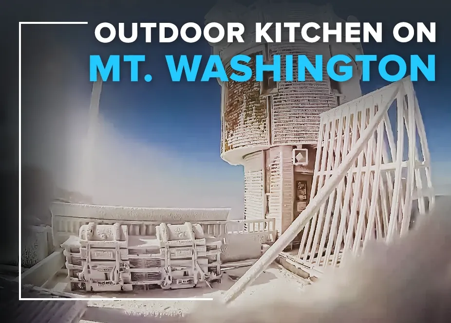 Outdoor kitchen on Mt. Washington covered in rime ice